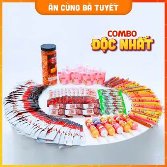 ĂN CÙNG BÀ TUYẾT COMBO ĐỘC NHẤT : 10 Snack Yolo + 11 Thạch Rau Củ + 12 Thạch Con Quay + 24 Thạch Giòn + 1 Bimbim Mái Tôn + 30 Nem Nướng Phiên + 10 Shashimi tặng 12 Đùi Bò + tặng 1 hũ super snack tam giác