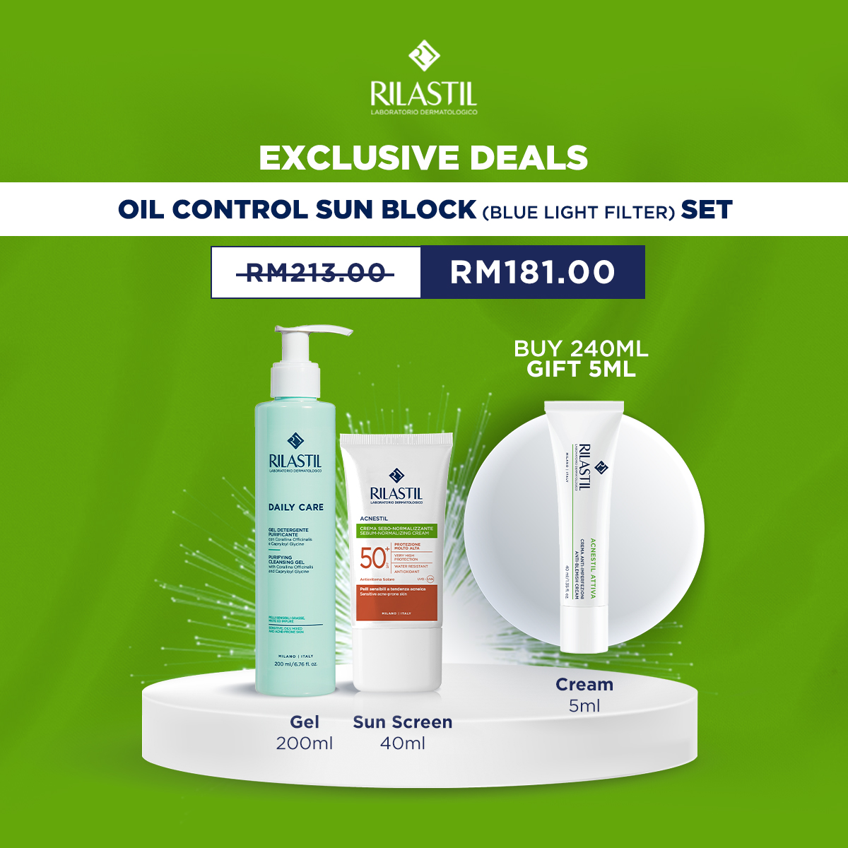 Gambar Rilastil Oil Control Sun Block (Blue Light Filter) Set (Purifying cleansing Gel + Acnestil Sun System Blue Light Sun Screen SPF 50+)  Free gift Attiva Cream 5mlx1