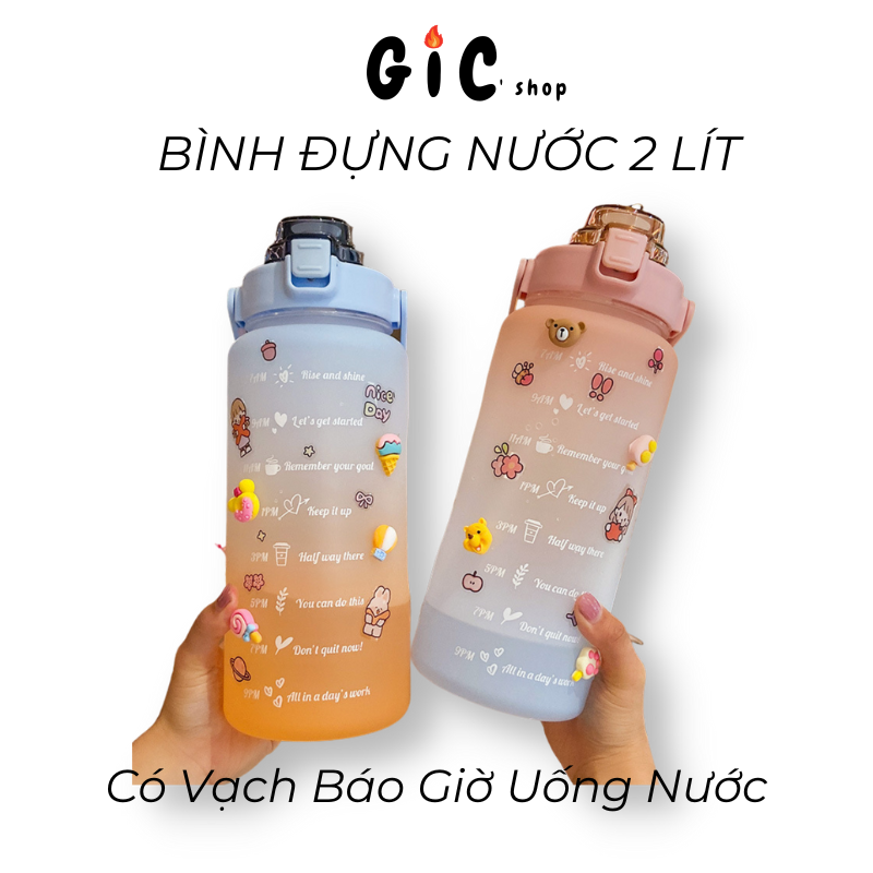 Bình đựng nước 2l dễ thương có vạch báo giờ uống nước