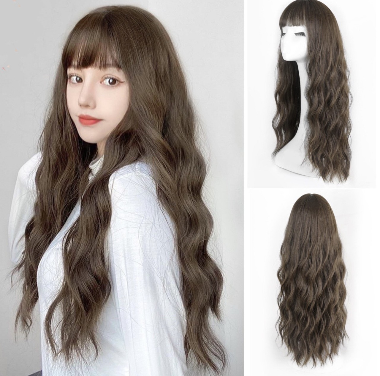Tặng kèm lưới và lược, tóc giả nữ nguyên đầu xoăn sóng dài, tóc giả bộ cả đầu xoăn hàn quốc