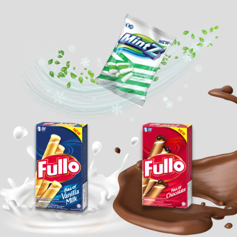Combo Fullo tiện lợi (hộp 50g)  + Mintz (túi 50 viên): Combo bánh quế nhân kem choco / vani Fullo và kẹo mềm bạc hà châu Á Mintz Duomint