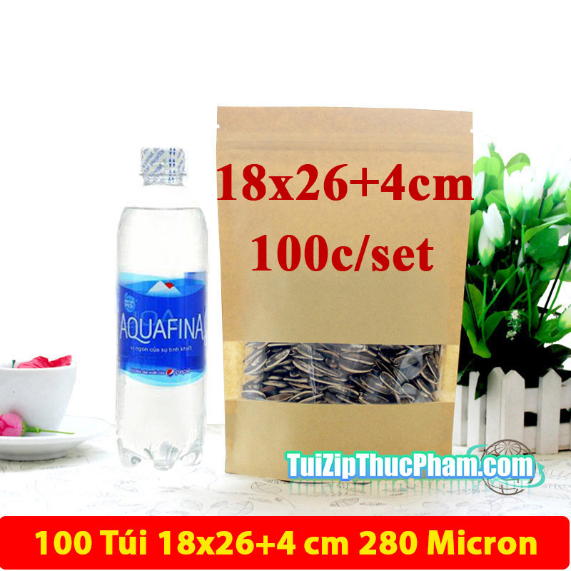 100 cái túi zip MIS size 18x26cm Túi giấy kraft vàng có cửa sổ, túi giấy đựng thực phẩm có zipper chất lượng cao