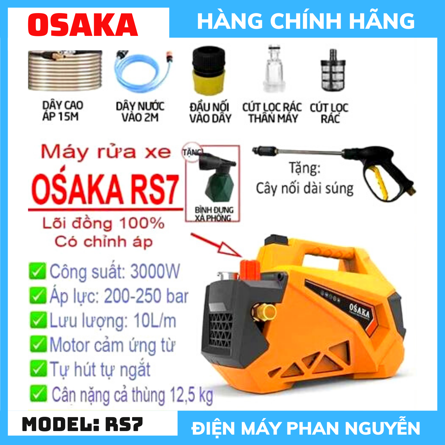 Osaka RS7 Máy Xịt Rửa Xe Chỉnh Áp  - 3000 W - Model 2022