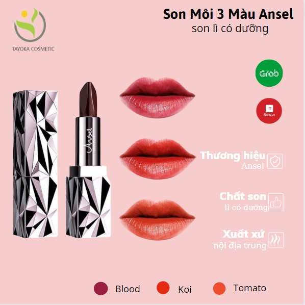 Son môi Ansel dưỡng ẩm chống nước lâu trôi,sở hữu 3 tone màu bất bại cho mọi làn da,chất son lì có dưỡng giúp đôi môi luôn căng mọng,với thiết kế những đường cắt kim cương cực sang chảnh TK-20 Tyoka