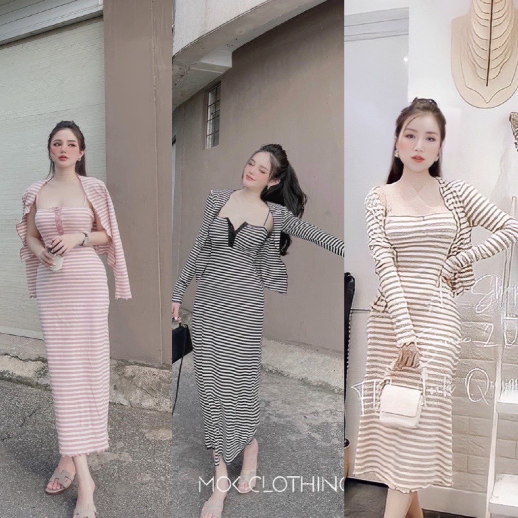 Set đầm ôm body sọc ngang kèm áo khoác tay dài + Ảnh thật