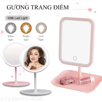 Gương Để Bàn Đèn LED,Gương Để Bàn Trang Điểm Có Đèn Led Cảm Ứng - 3 Chế Độ Ánh Sáng, Kèm Sạc