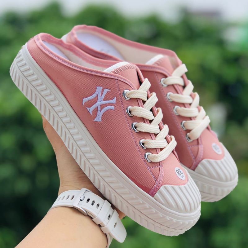 Giày sục vải NY nữ đế cao su hồng chữ trắng chất xịn, chữ thiêu nỗi TẶNG VỚ Cao Cấp