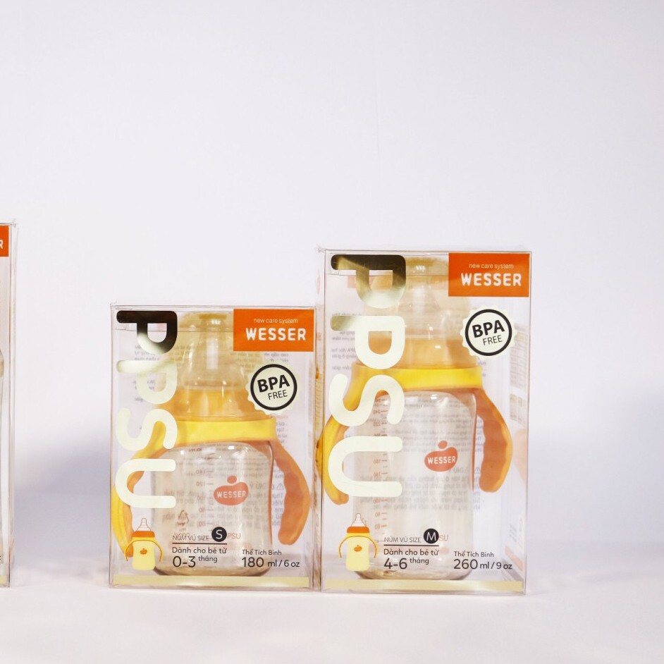 Combo 2 bình sữa Wesser cổ rộng có tay cầm 180ml + 260ml nhựa PPSU cao cấp phiên bản mới - binh sua co rong cho be
