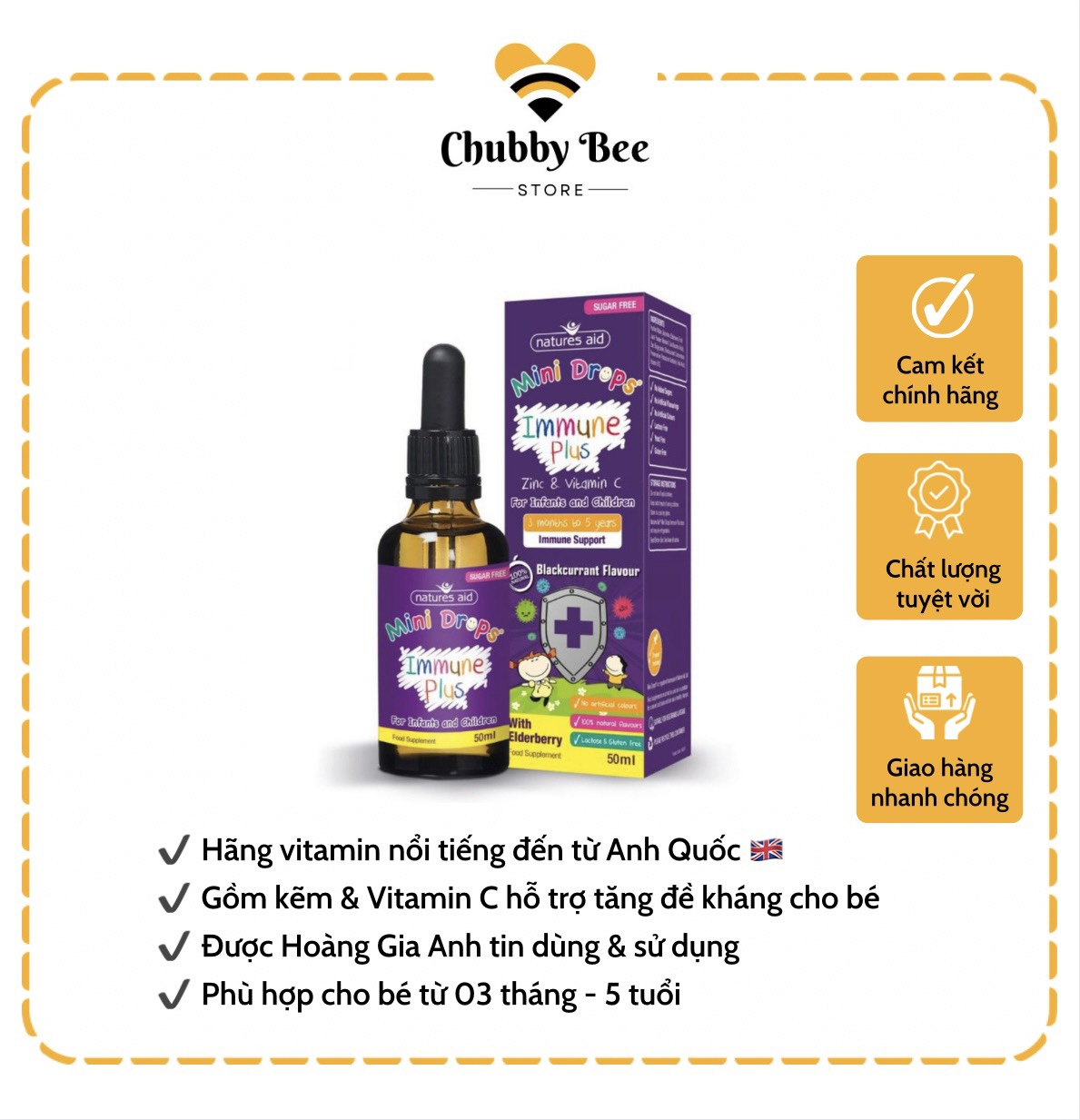 Tăng đề kháng Natures Aid Mini Drops Immune Plus bổ sung Kẽm và Vitamin C Cho Bé