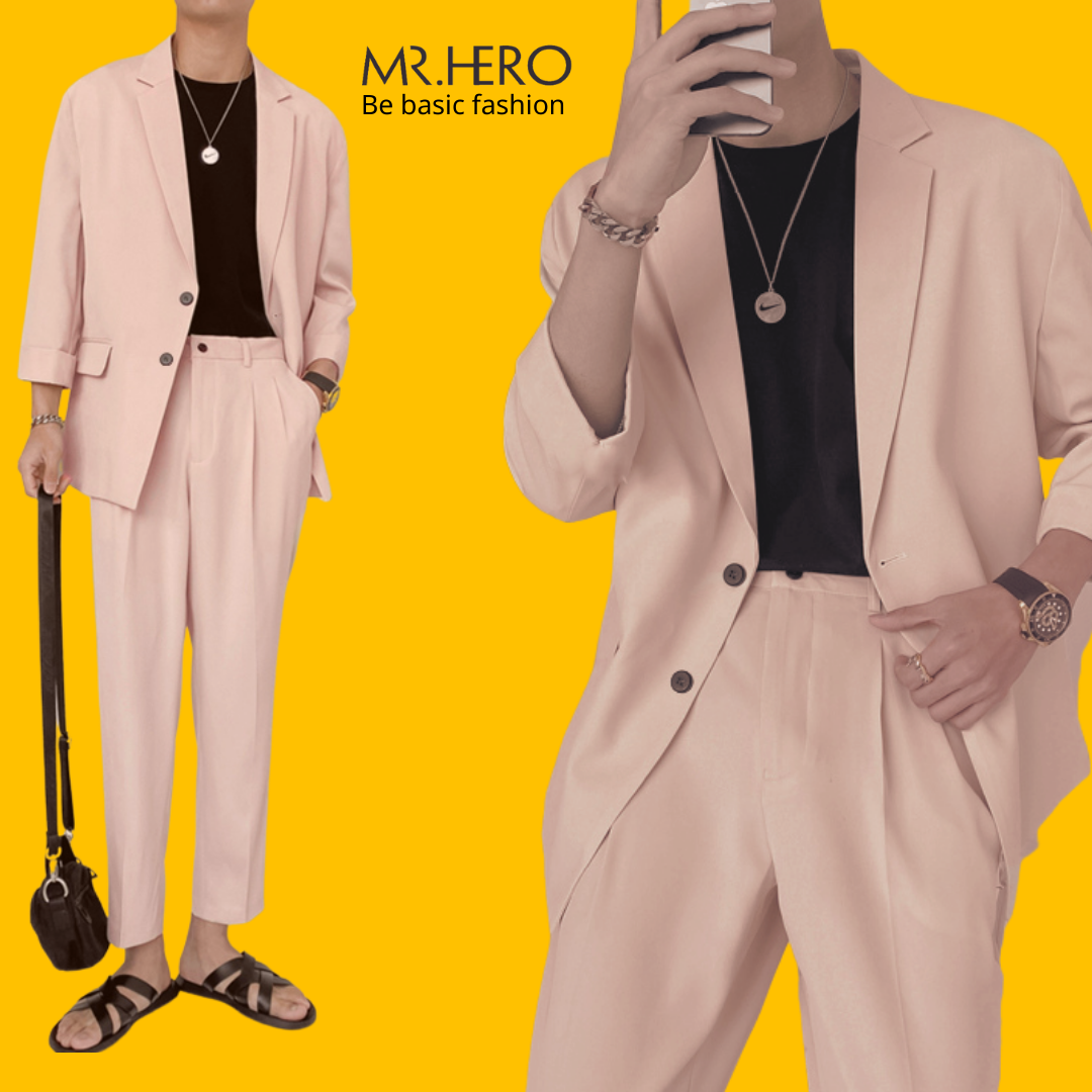 Set blazer nam dài tay quần âu thanh lịch ST04 màu be phong cách Hàn Quốc đi học, đi làm dáng vest có đệm vai, 2 lớp