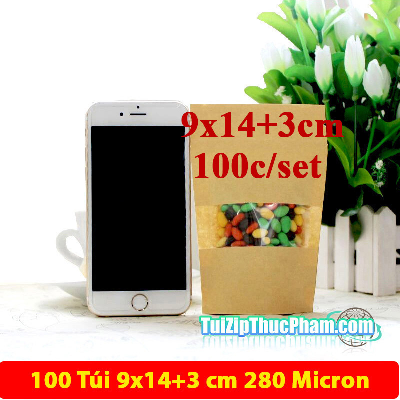 100 cái túi zip MIS size 9x14cm Túi giấy kraft vàng có cửa sổ, túi giấy đựng thực phẩm có zipper chất lượng cao