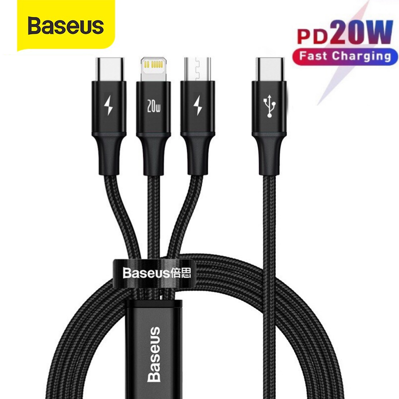 Cáp sạc nhanh 3 đầu pd 20w sạc baseus - dây sạc đa năng 3 in 1 lightning type c micro usb bọc dù chống đứt cho iphone samsung oppo,...vv