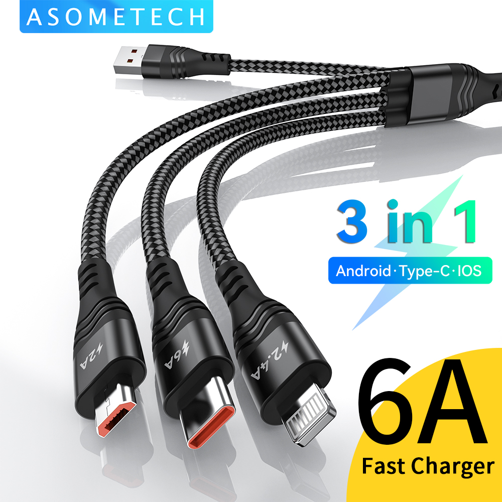 Asometech 3 trong 1 cáp usb 6a nhanh chóng sạc usb c cáp cho iphone12 pro max huawei samsung sạc nhanh micro usb loại c dây sạc