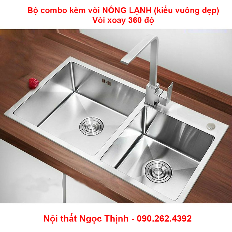 [SALE RẺ]Chậu Rửa Chén Bát INOX SUS 304 SENTANO 82x45x23 2 hộc lệch tặng kèm bộ xả chống hôi + vòi rửa chén NÓNG LẠNH Vuông dẹp