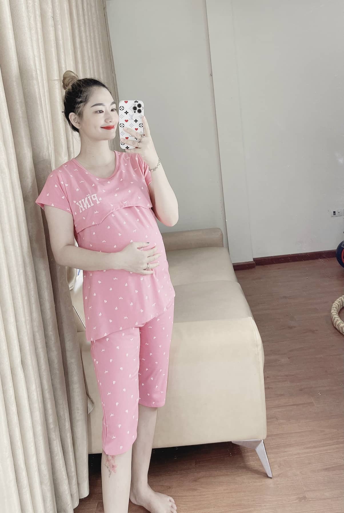Bộ đồ bầu và sau pink chất liệu cotton cao cấp