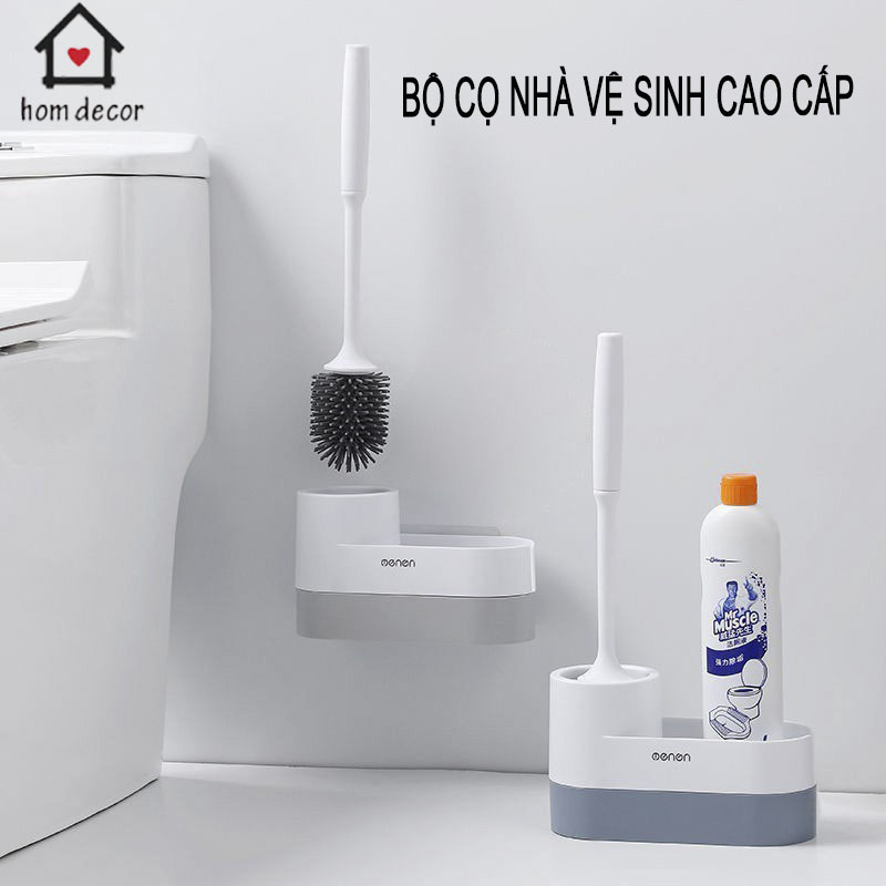 Cây chổi cọ nhà vệ sinh Oenon Cao cấp, Chổi cọ chà toilet kèm kệ để đồ đa năng dán tường