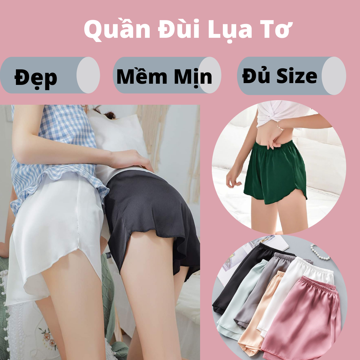 Quần đùi lụa ngủ mặc ở nhà cho nữ, quần đùi mặc trong váy chất lụa satin cao cấp mềm mịn