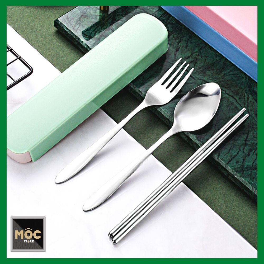 Bộ muỗng đũa nĩa cá nhân kèm hộp đựng,  chất liệu inox cao cấp sáng bóng, hộp nhựa PP trang nhã, vệ sinh, tiện dụng mang theo hộp cơm văn phòng, đi du lịch, đi làm, đi học, mocstore, hàng tốt giá rẻ