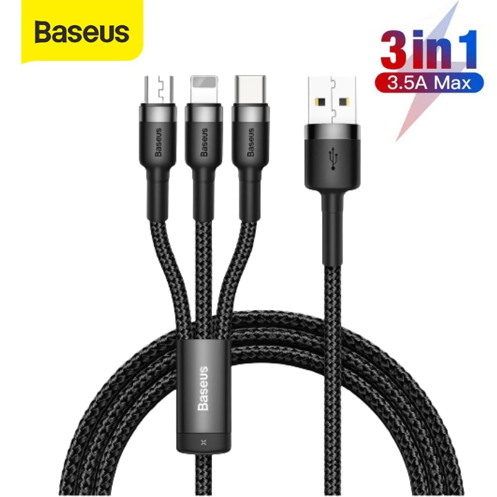 Cáp sạc nhanh 3 đầu - Dây sạc 3 trong 1 Baseus Kevlar lightning type c micro usb bọc dù chống đứt cho iphone samsung oppo huawei xiaomi,...vv