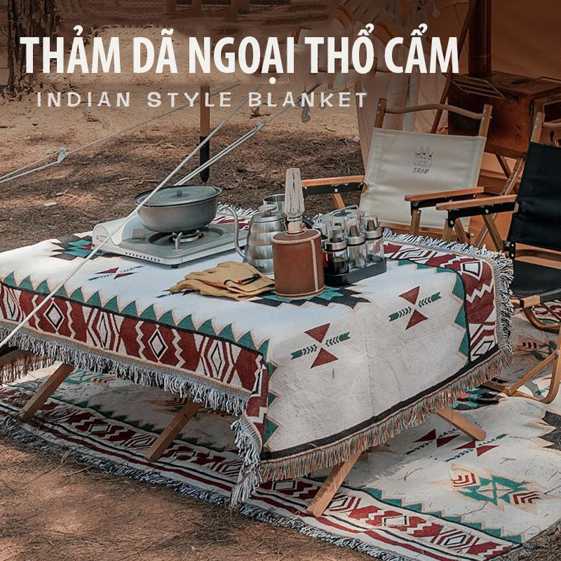Thảm dã ngoại thổ cẩm, chăn dã ngoại, khăn trải bàn dã ngoại decor vintage, cắm trại picnic và du lịch ngoài trời