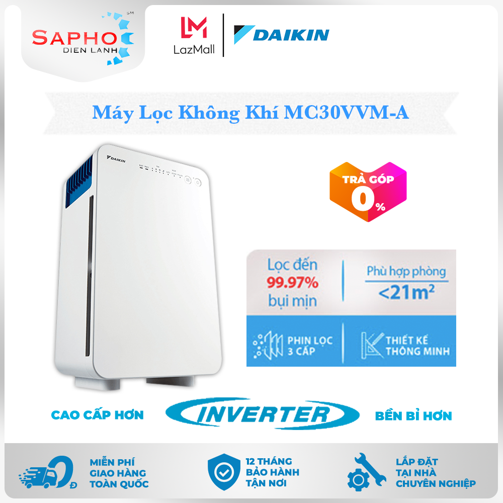 Máy Lọc không khí Daikin MC30VVM-A  Hàng Chính Hãng Trả Góp 0% Giao Hàng Nhanh - Phù hợp phòng 21m2 - Hệ thống phin lọc Hepa 3 cấp - Vận hành êm ái - Thiết kế nhỏ gọn - Điện Máy Sapho