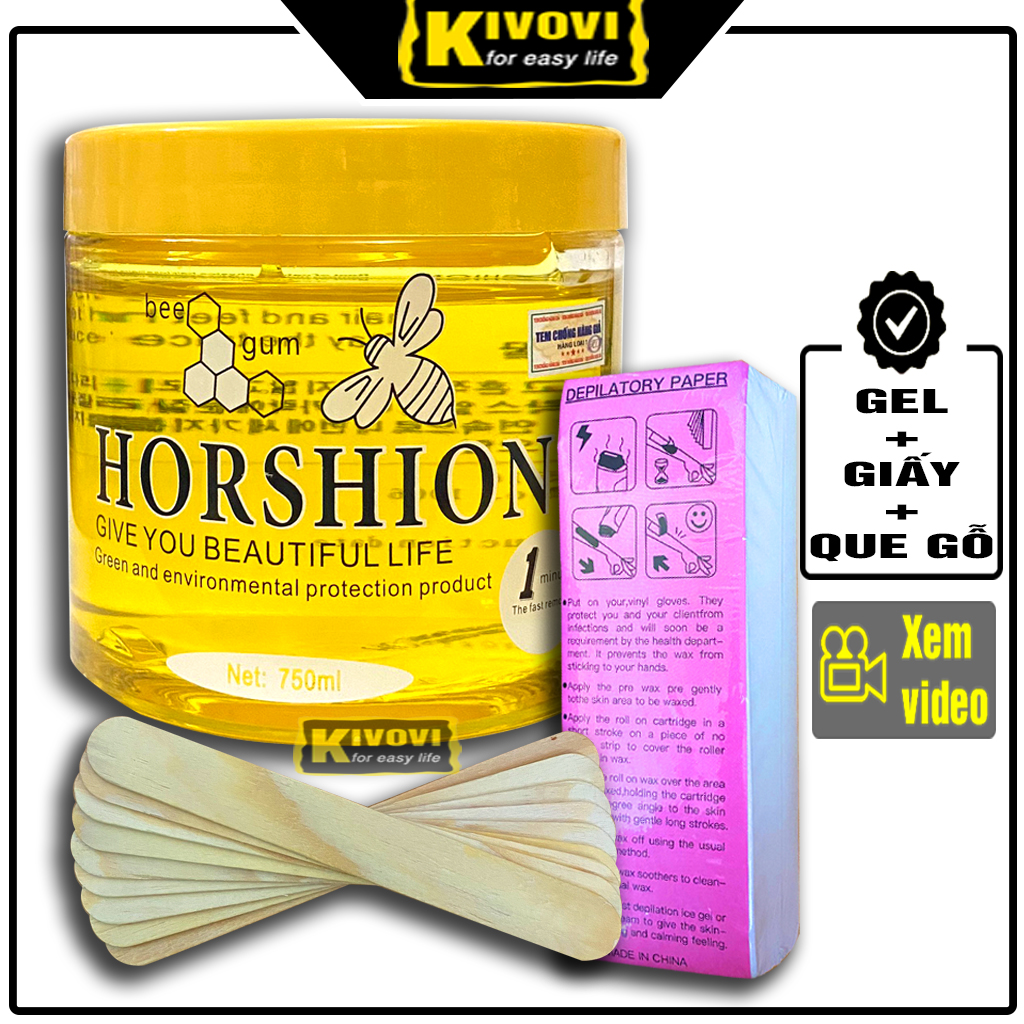 Gel Wax Lông Horshion Mật Ong + Giấy Wax Lông 100 Tờ + Que wax lông -Tẩy Lông Nách, Chân, Tay - Wax Lông Vùng Kín An Lành/ Tẩy Lông Vùng Kín - Kem Tẩy Lông - KIVOVI.