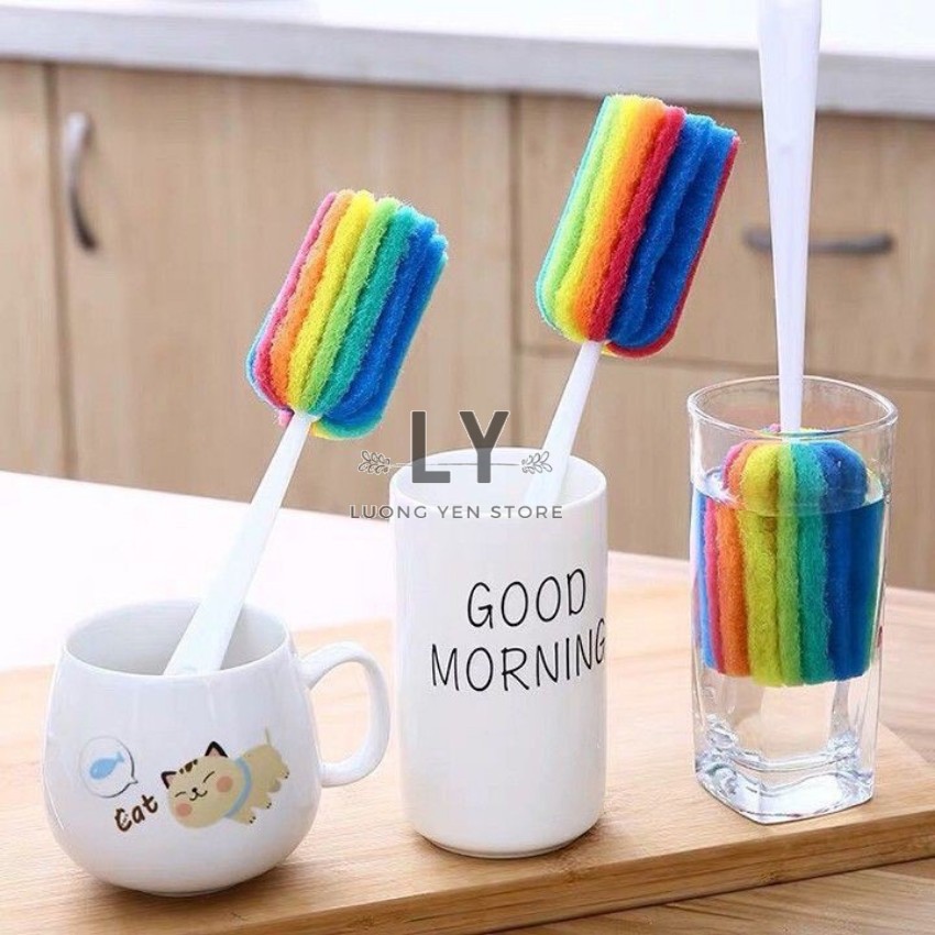Dụng cụ chùi rửa ly 7 màu tạo bọt rửa cốc, bình cầu vồng cao cấp cây dài 25cm