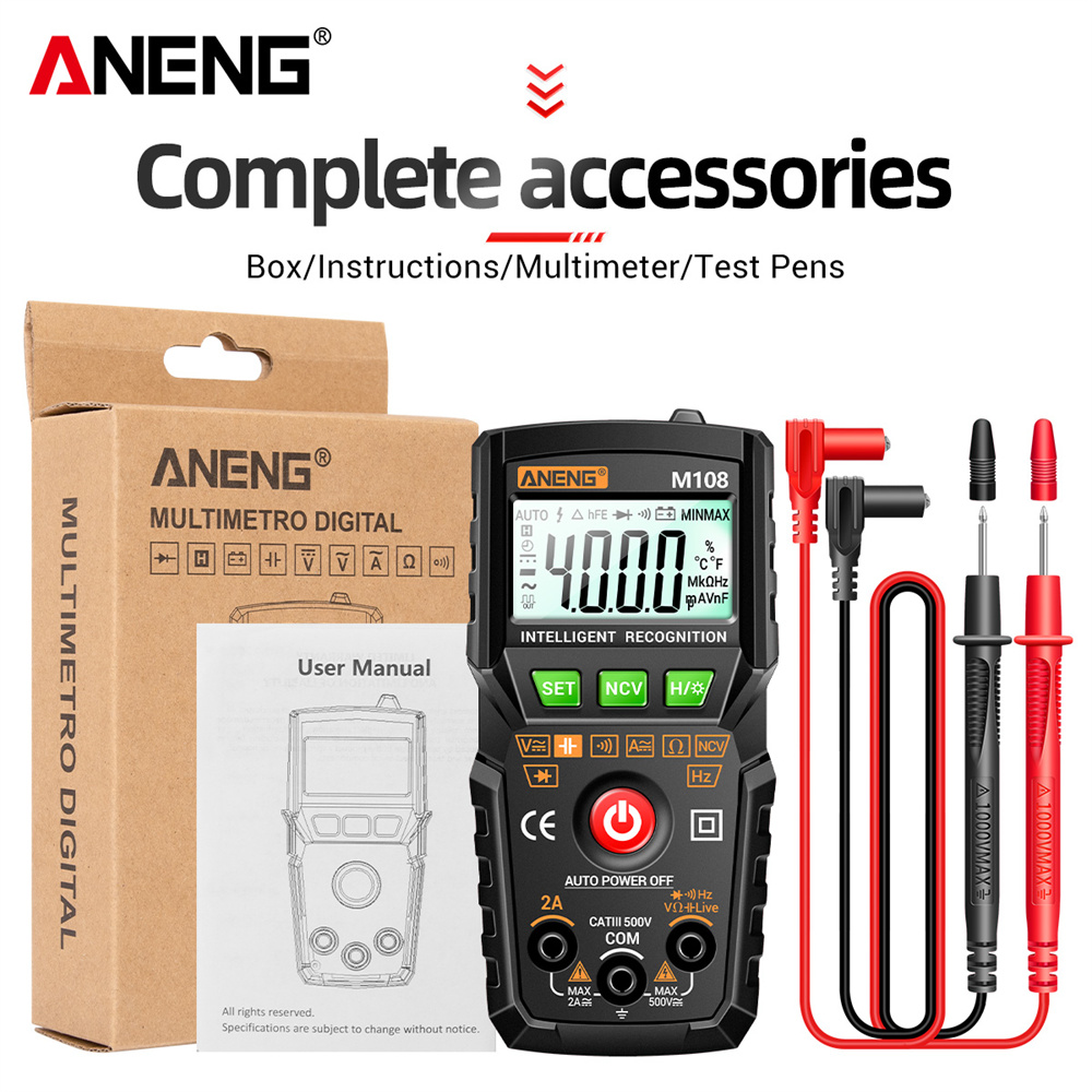 Aneng đồng hồ vạn năng kỹ thuật số mini m108 máy kiểm tra dụng cụ điện ac/dc đếm 4000 đồng hồ đo chuyên nghiệp kỹ thuật số đa năng tự động