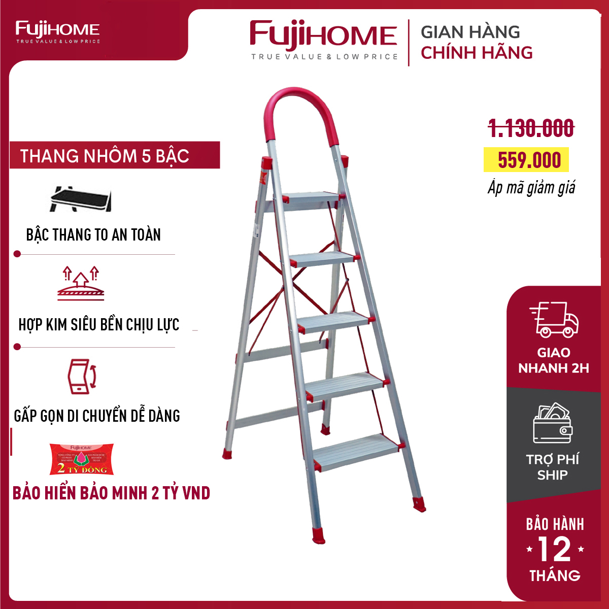 Thang nhôm ghế 4-5-6 bậc xếp gọn có tay vịn cao 1m-1,65m bản to nhập khẩu FUJIHOME, Thang ghế chữ A gia đình gấp gọn, chân chống trơn trượt, bảo hành 1 năm