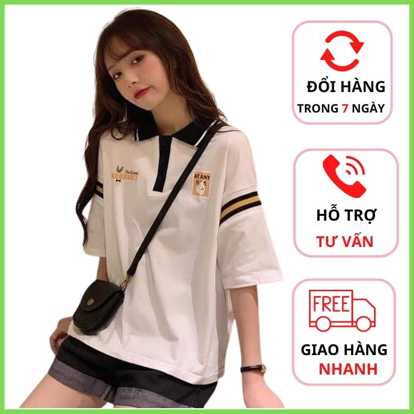 Áo thun polo logo thỏ atany form rộng cute, áo phông có cổ đáng yêu