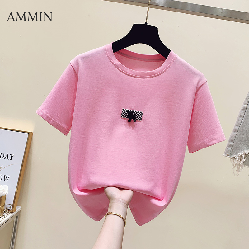 Ammin áo thun tay ngắn màu trắng thêu hình gấu ba chiều thời trang cổ tròn đơn giản mới mùa hè 2022 áo cánh thanh lịch thường nhật phong cách hàn quốc rộng cho nữ áo phong cách instagram cho nữ