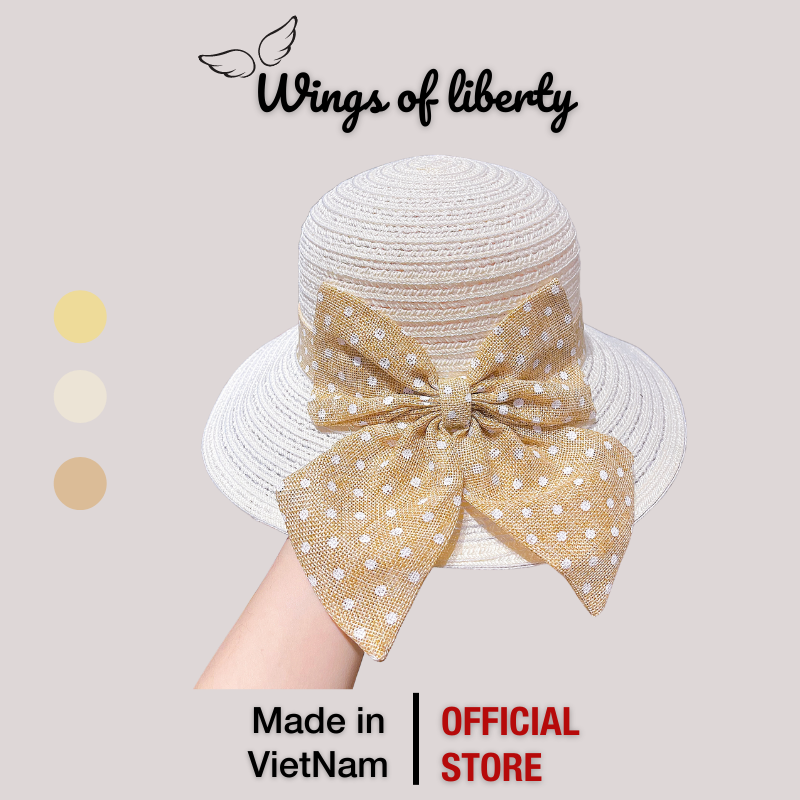 Mũ cói mềm vành tròn có gắn nơ wings07