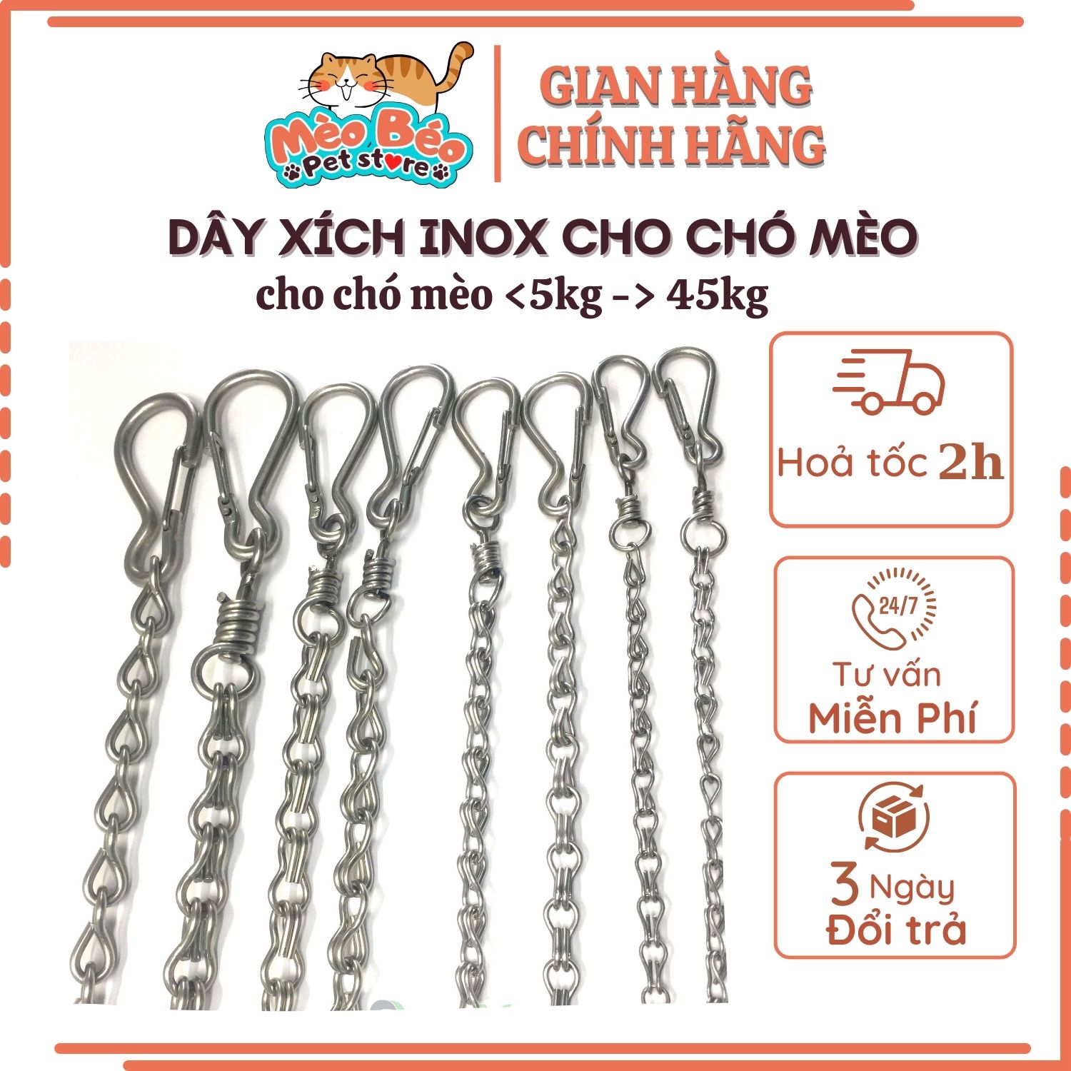 Dây xích inox cho chó mèo ( 4size)