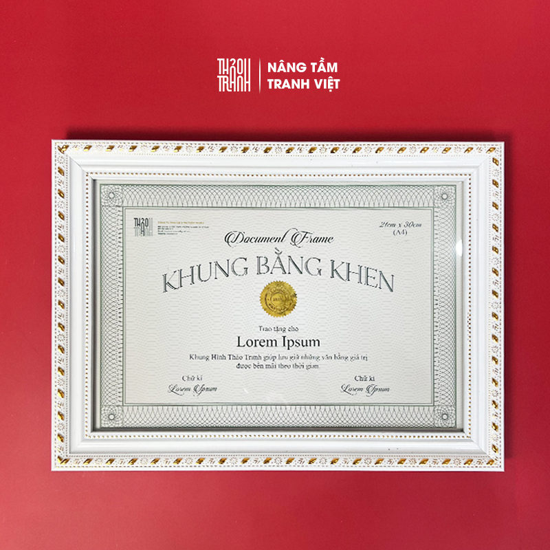 Khung hình A4, Viền Trắng Tân Cổ Điển - Mặt mica Trong Suốt