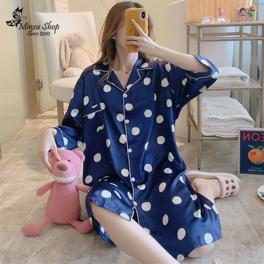 Đầm ngủ nữ kiểu dáng pijama chất lụa cao cấp họa tiết ngọt ngào