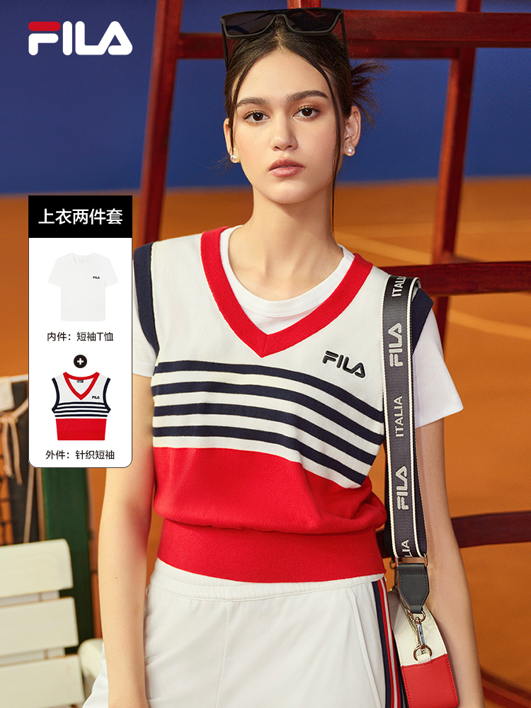 [NEW COLOR!] FILA CORE LIFESTYLE ORIGINALE FRENCH TENNIS CLUB Women Short Sleeve T-shirt + Sleeveless Knit Vest Set (Red / Blue)