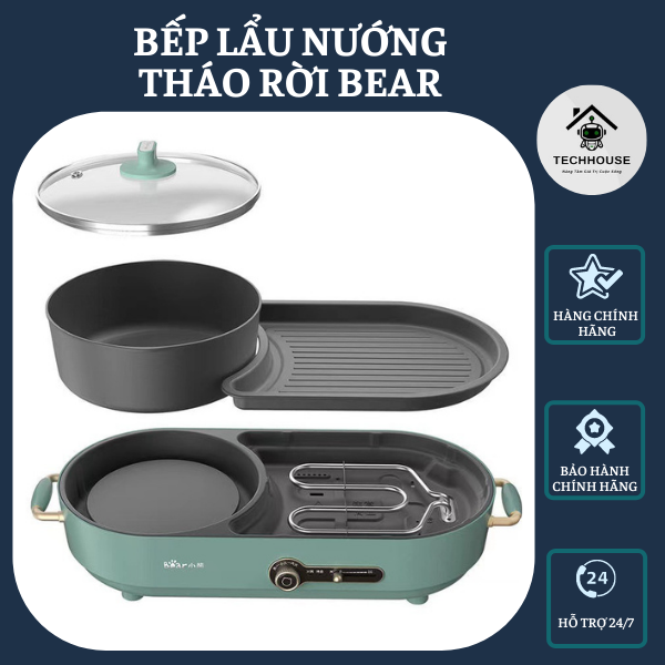 Nồi lẩu nướng điện đa năng, bếp lẩu nướng điện tháo rời 2 ngăn BEAR DKL-C15L1 chống dính cao cấp