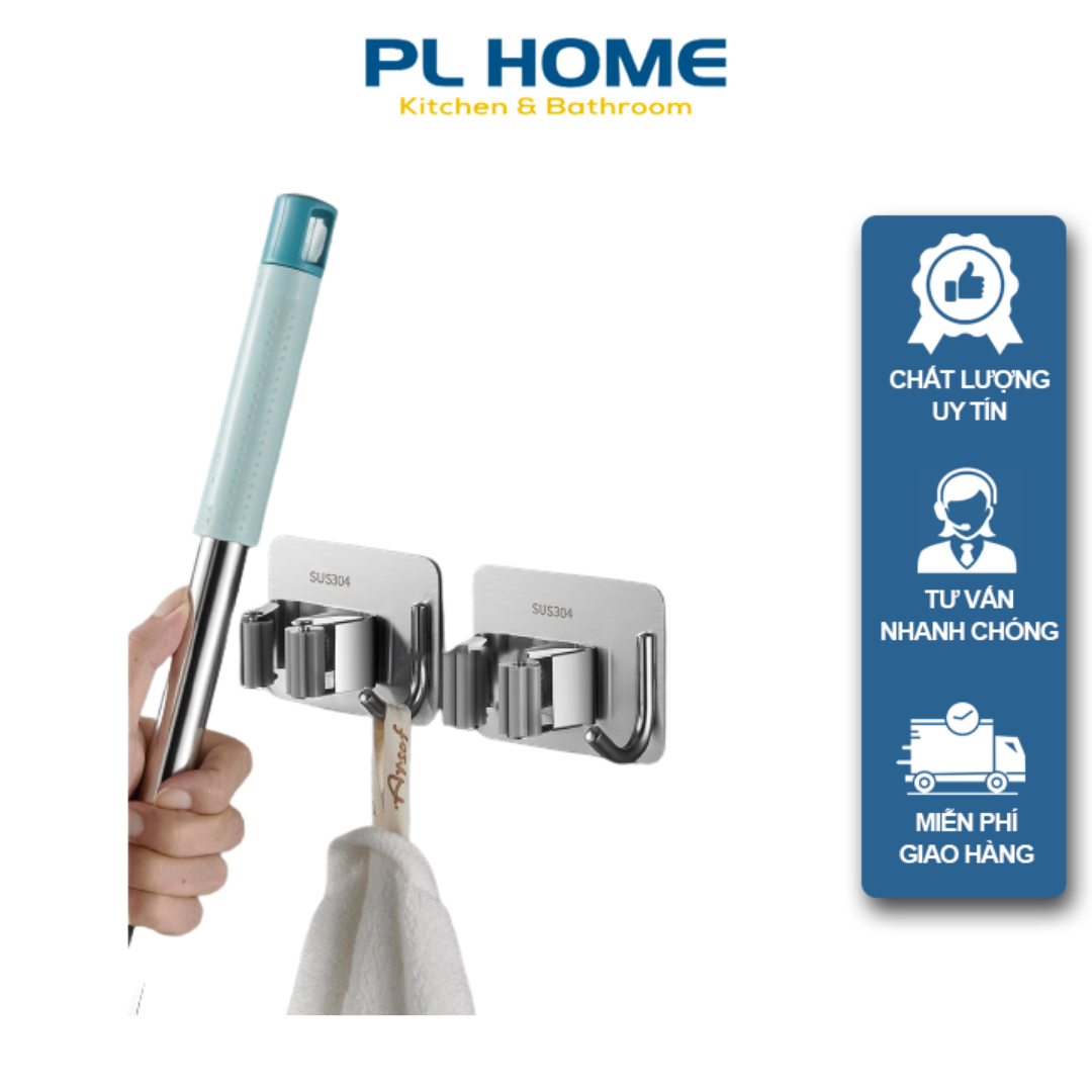 [Hcm]Móc Dán Tường Chịu Lực Gắn Cây Lau Nhà Kèm Móc Treo Đồ Chất Liệu Inox 304 Không Khoan Tường