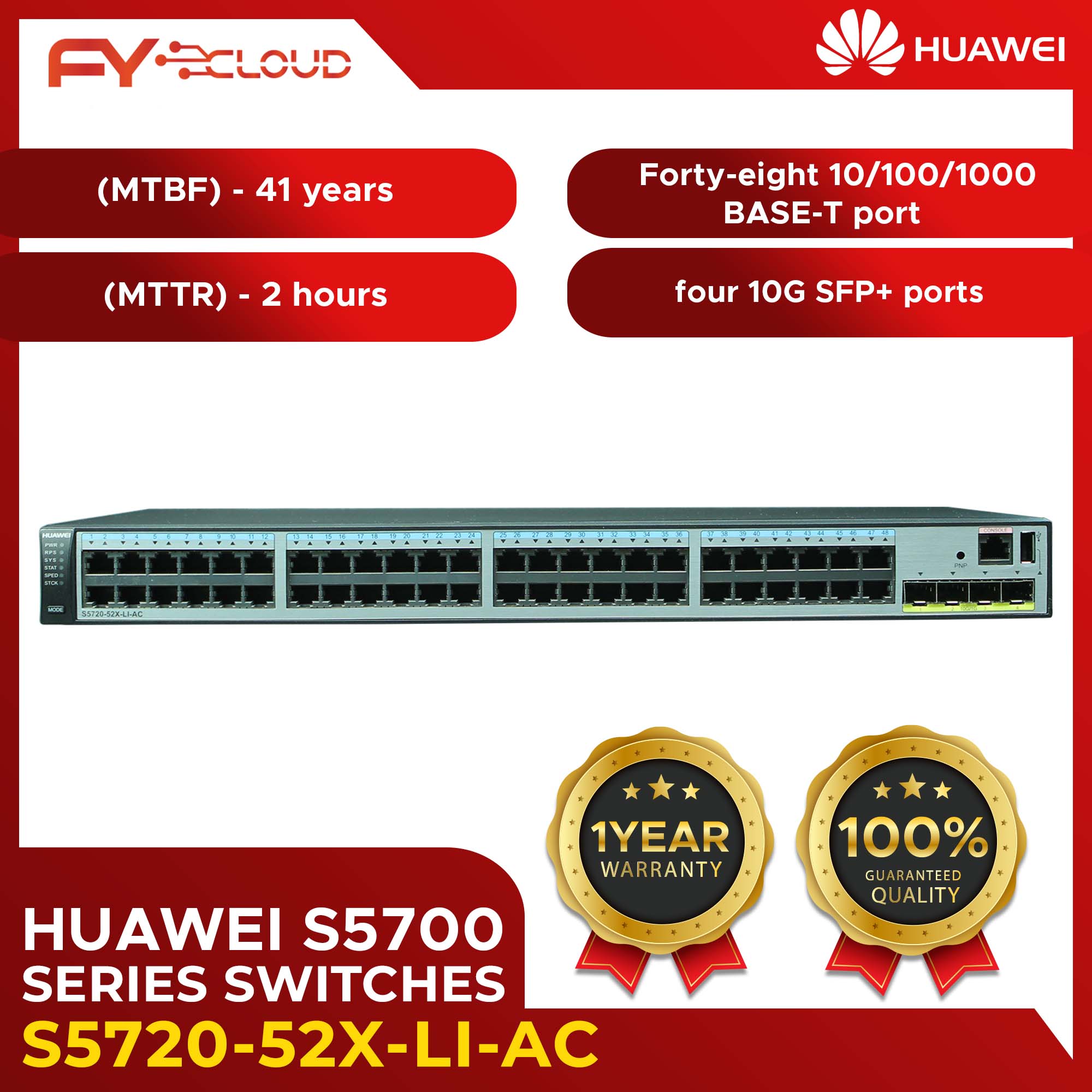 Huawei/Swithces/S5700 Series S5720-52X-LI-AC/10/100/1000BASE-T port/48 Ethernet 10/100/1000 ports,4 10 Gig SFP+,AC 110/220/IEEE802.3, IEEE802.3u, IEEE802.3ab/ GE/10GE auto-sensing/Standards compliance RS-232//Baud rate Default value: 9600 bit/s