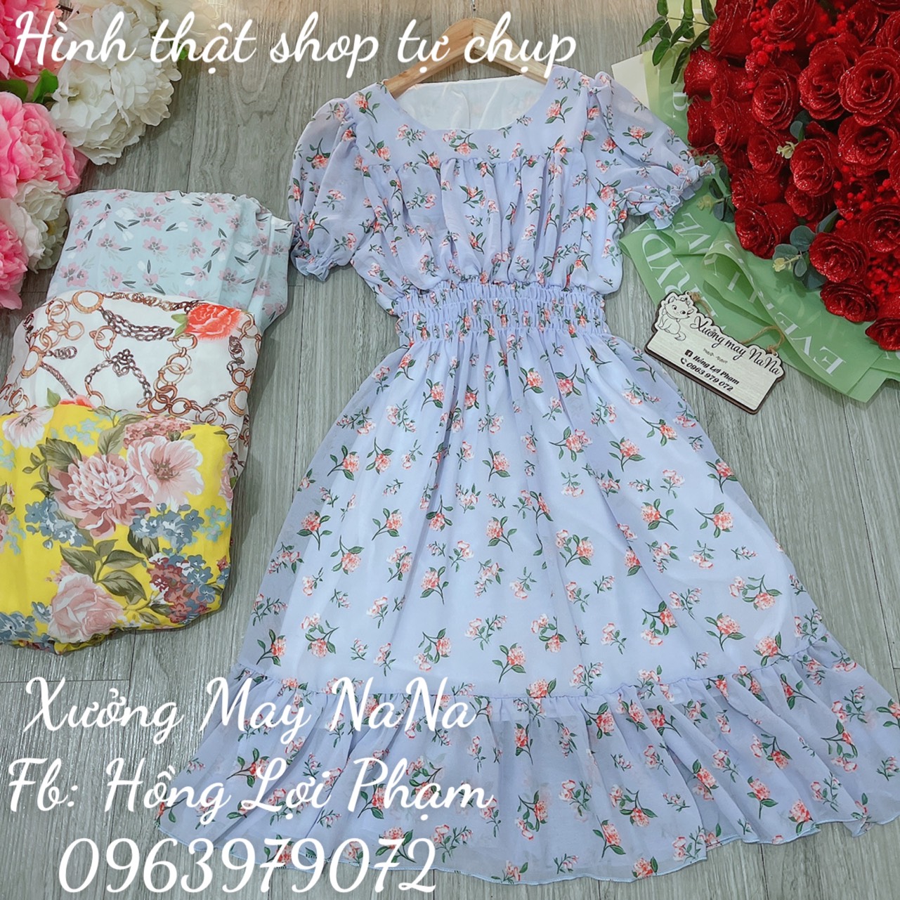 Đầm hoa nhí tay phồng đuôi cá