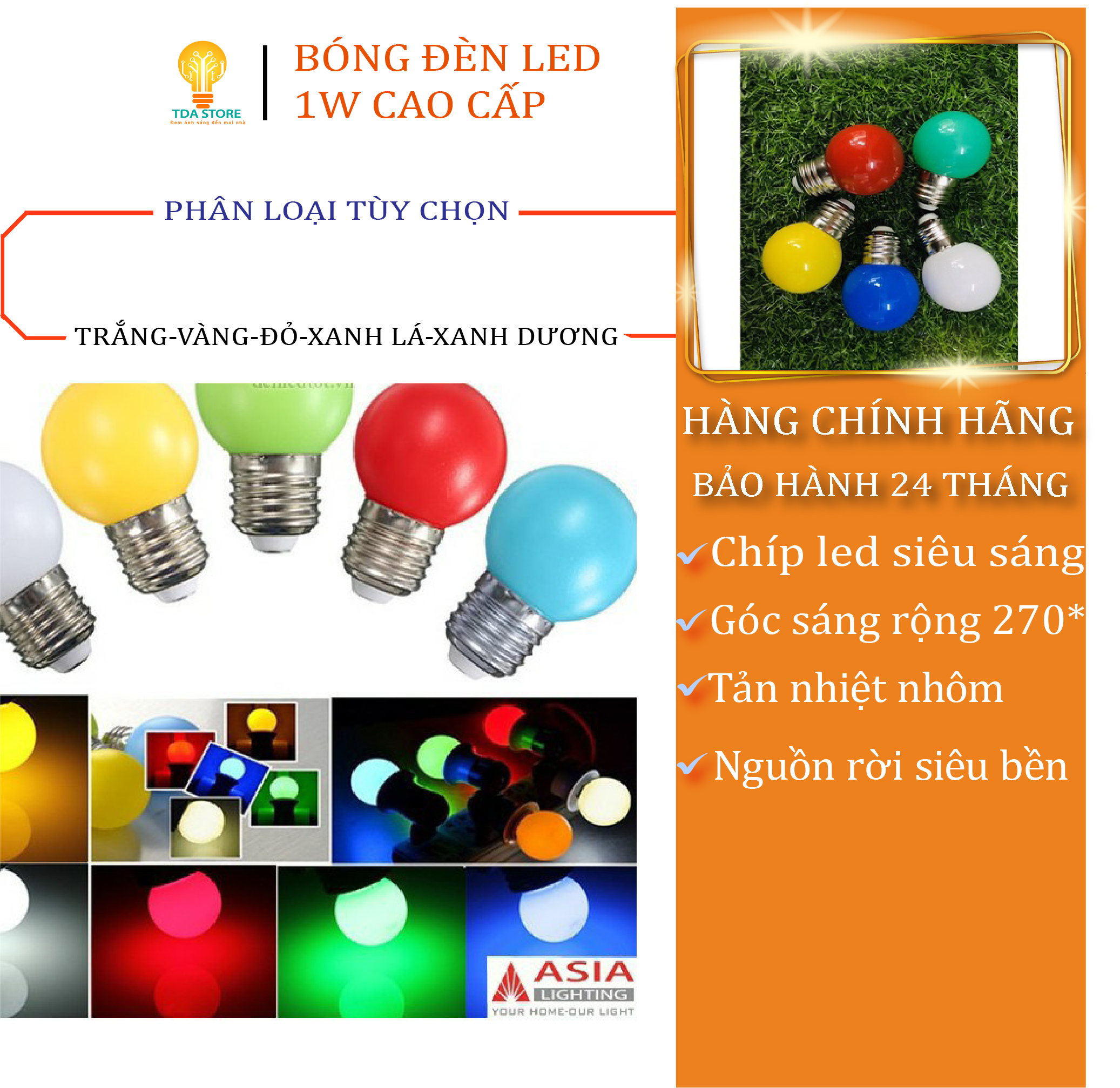 Bóng Đèn LED Tròn Trang Trí 1W Nhiều Màu Sắc ASIA Hàng Chính Hãng
