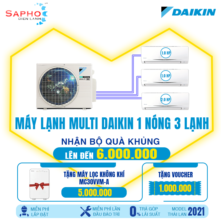 Hệ thống máy lạnh multi s inverter mkc70svmv/1.0hp+1.0hp+2.0hp 1 dàn nóng 3 dàn lạnh treo tường gas r32 chính hãng daikin thái lan sản xuất 2021