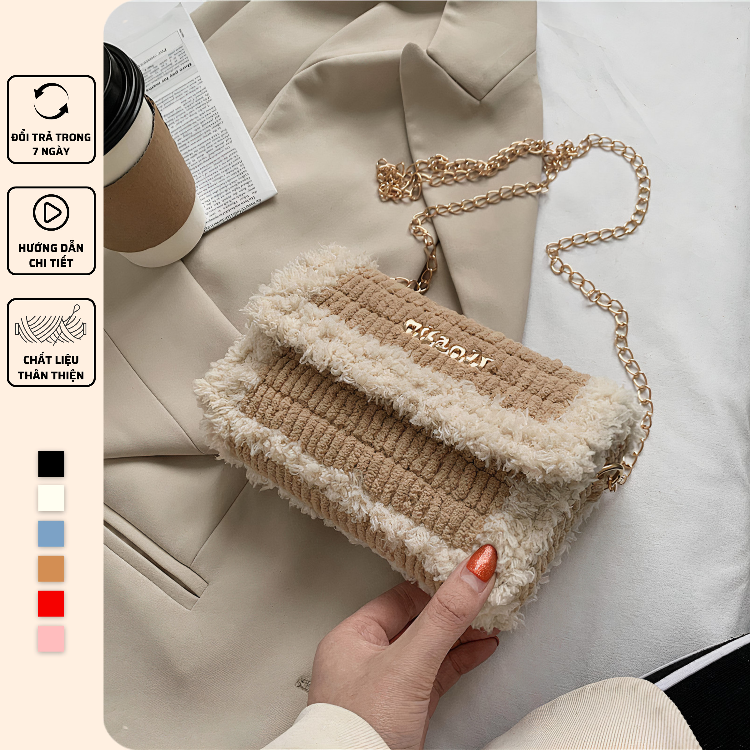 Túi handmade tự đan phối màu, túi đeo chéo phong cách Hàn Quốc - Bộ phụ kiện đầy đủ LX102