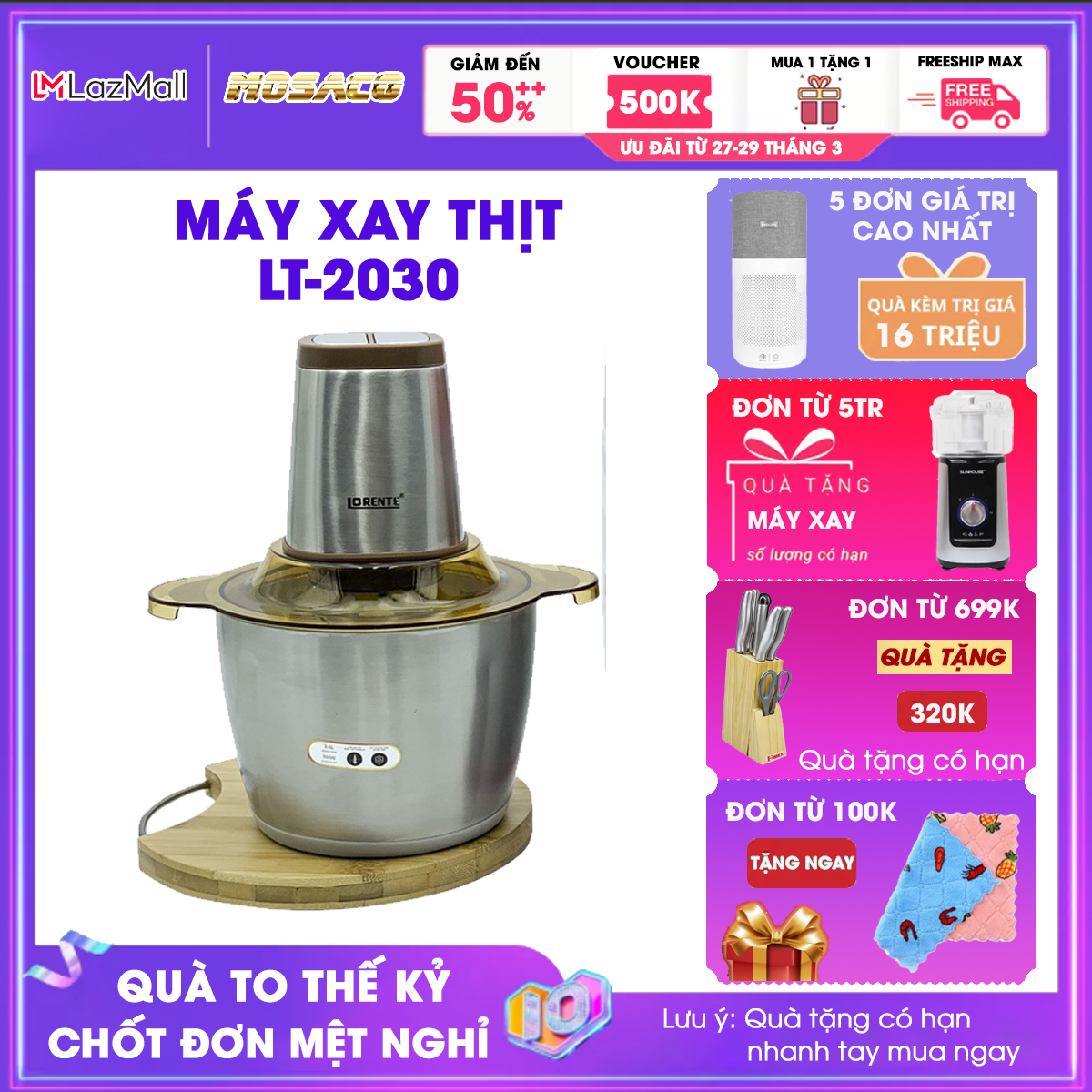 Máy xay thịt Lorente LT-2030 dung tích 3l công suất 500W lưỡi dao kép 4 cánh sắc , 2 tốc độ . Máy xay đa năng cối bằng Inox 304 bền chắc, lưỡi dao được làm bằng thép không gỉ, xay nhanh và tốt nhiều loại thực phẩm - MOSACO