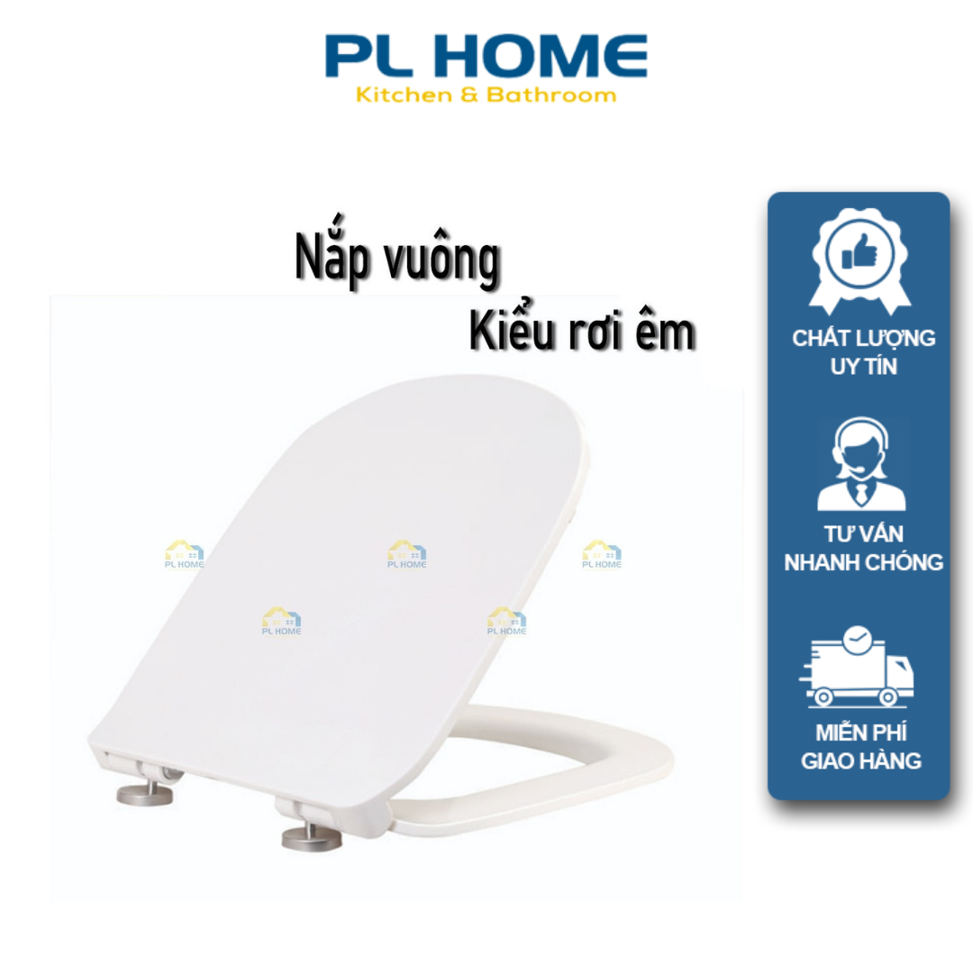 Nắp bồn cầu đóng êm phù hợp bồn cầu kiểu vuông, chất liệu nhựa trắng dày, chân vít inox