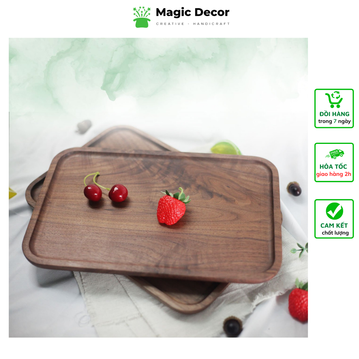 Khay gỗ trang trí decor hình chữ nhật - đựng đồ ăn, bánh ngọt nhiều kích thước