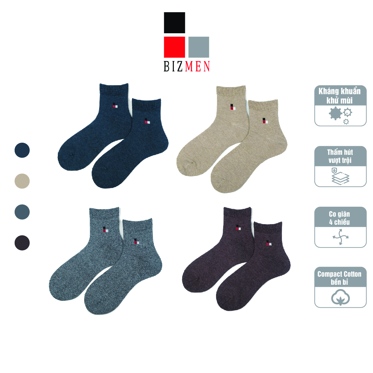 Combo 4 đôi tất vớ nam công sở cotton cổ trung kháng khuẩn khử mùi bizmen - bsc.012