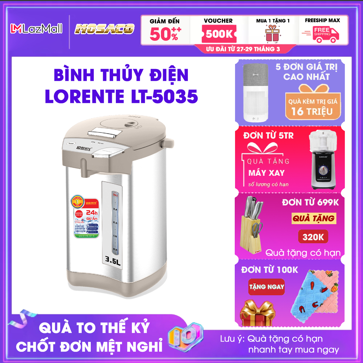 Bình Thủy Điện Lorente LT-5035 dung tích 3.5L, công suất 750W. Bình thủy điện áp 220V-50Hz, có hệ thống khóa an toàn, thang đo mực nước tự ngắt điện khi cạn, ruột bình bằng inox 304, 3 chế độ rót nước tiện dụng - MOSACO