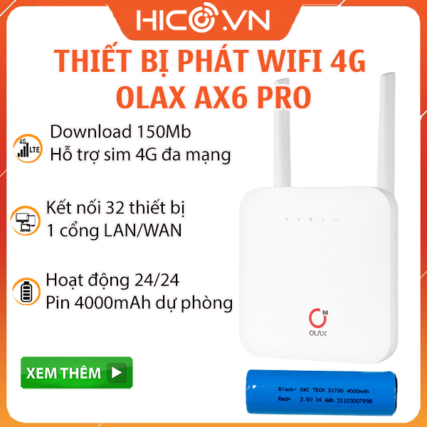 Bộ Phát Wifi Từ Sim 4G Olax Ax6 Pro 300Mb Kèm Pin Dự Phòng Dùng 18 Giờ, Dcom 4G phát wifi OLAX U90