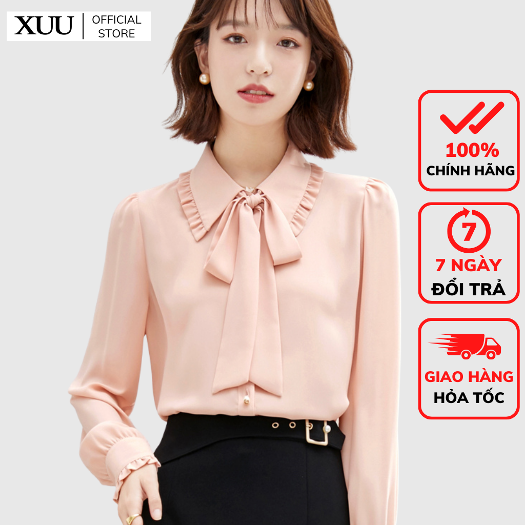 Áo sơ mi nữ thắt nơ xuu design freeship, ảnh thật sơ mi kiểu nữ chất vải đẹp xu03 hồng cam